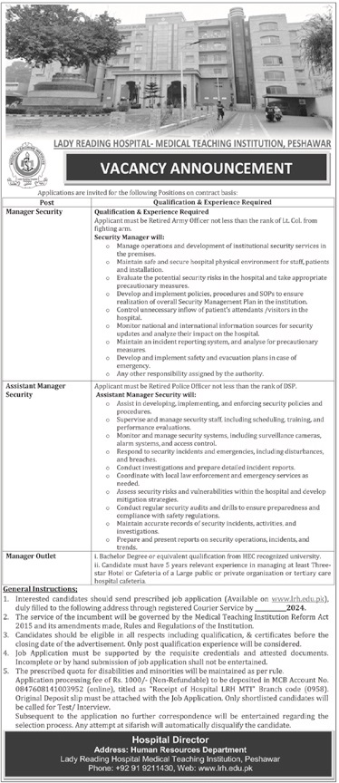 LRH MTI Management Jobs 2024 at Lady Reading Hospital