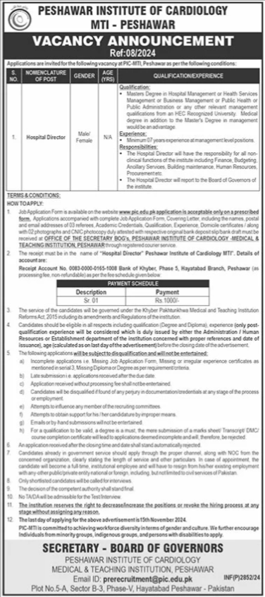 Job Opening at Peshawar Institute of Cardiology PIC 2024