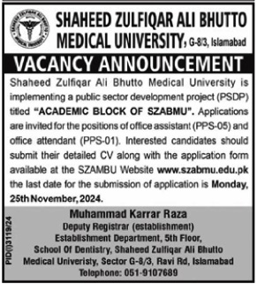 Latest Jobs at Shaheed Zulfiqar Ali Bhutto Medical University