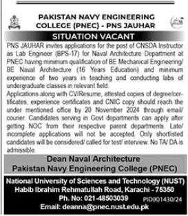 Jobs at Pakistan Navy Engineering College in Karachi in 2024