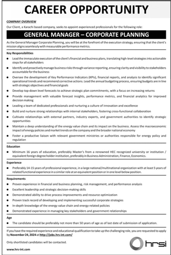 Job Announcement for Human Resource Solutions International Karachi