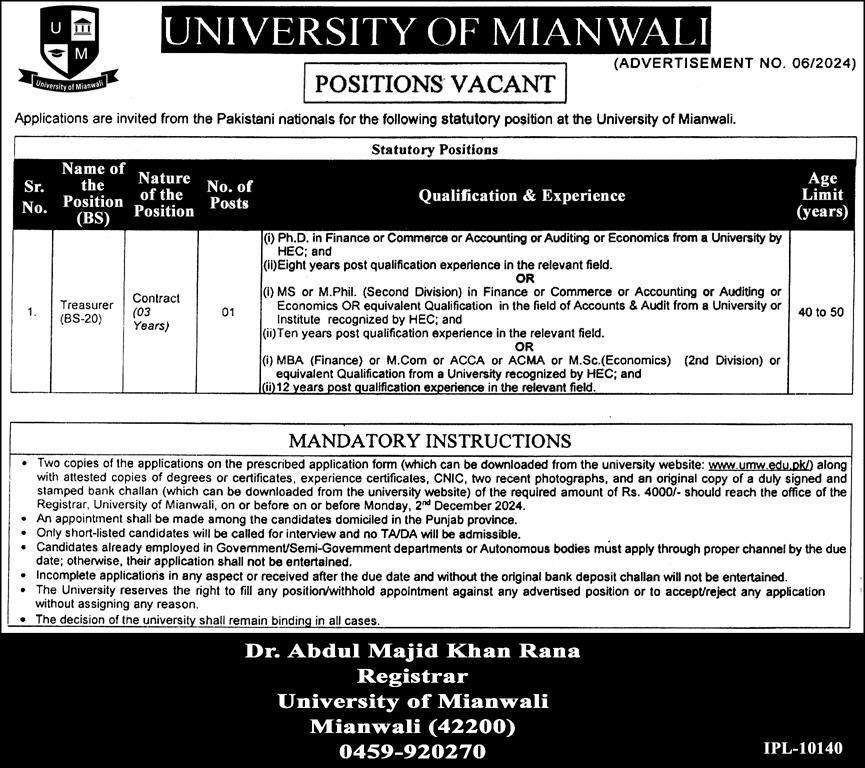 2024 Treasurer Jobs at the University of Mianwali 2024