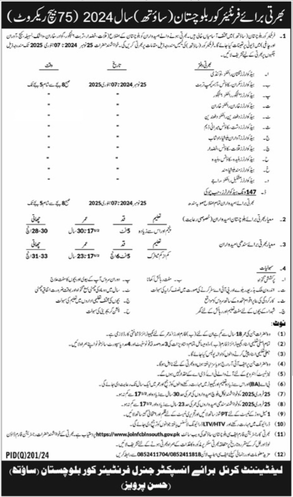 Jobs at Frontier Core FC Balochistan South 75 Batch 2024